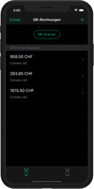Bildschirmfoto von Comatic – Comatic App: offene QR-Rechnungen mit QR-Scanner