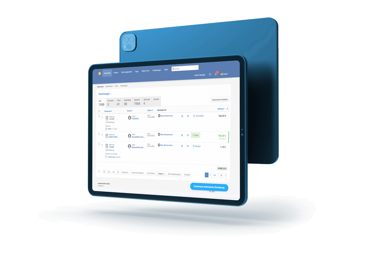 Bildschirmfoto von easybill – Invoice list with document statuses on a tablet