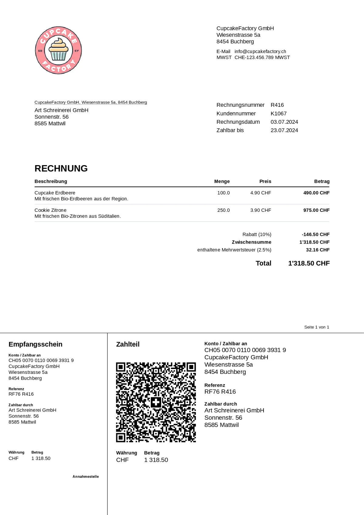Bildschirmfoto von koleo – Fertige Rechnung als PDF, mit Zahlteil und Empfangsschein der QR-Rechnung