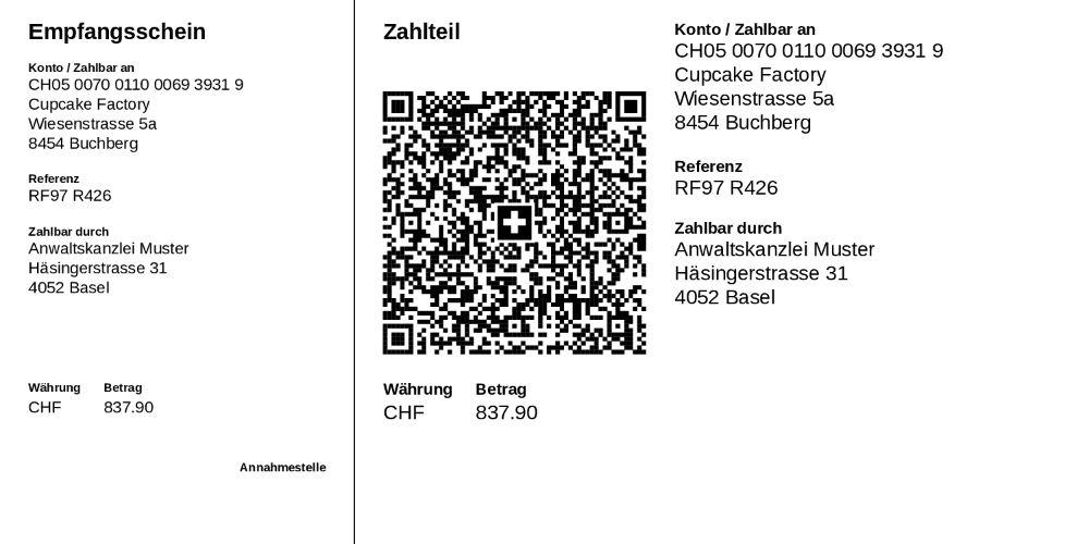 Bildschirmfoto von koleo – Zahlteil der QR-Rechnung aus der Nähe: QR-IBAN, Referenz und Betrag in CHF
