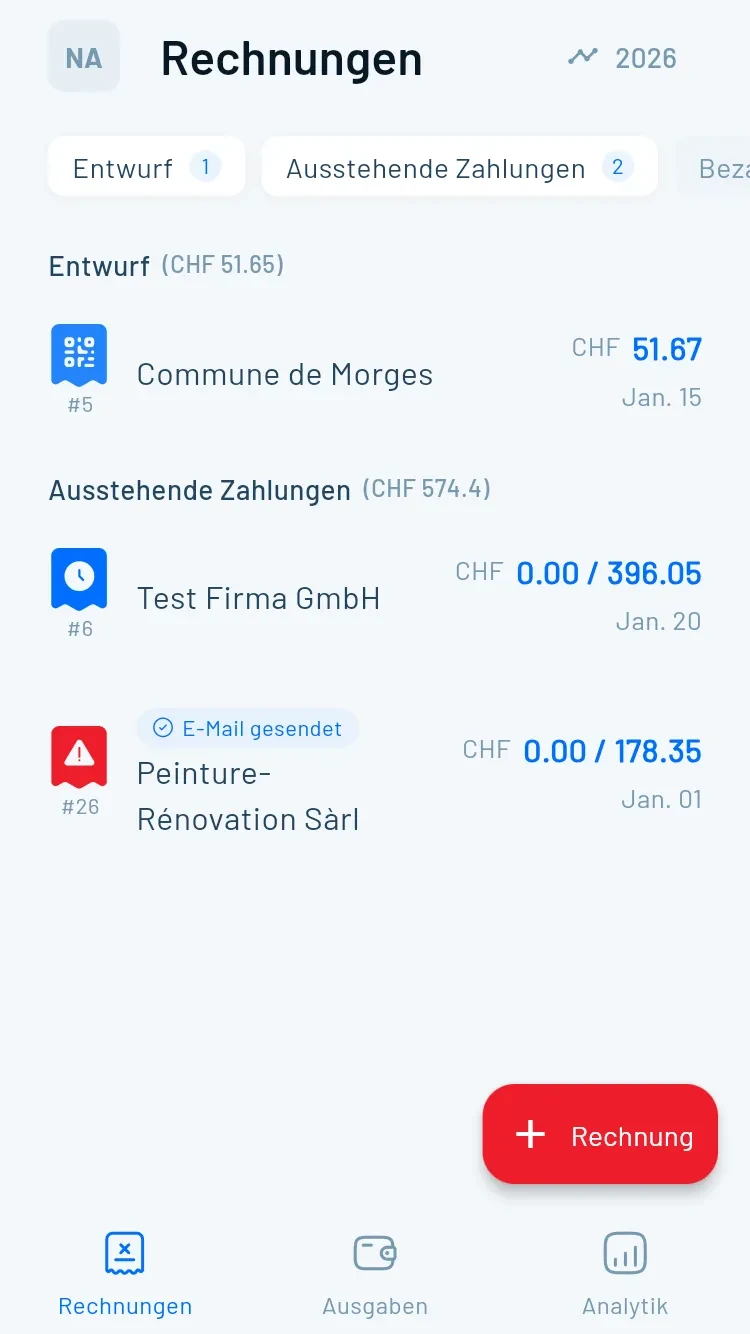 Bildschirmfoto von Magic Heidi – Dieselbe Rechnungsliste in der Mobile-App, mit Schaltfläche für eine neue Rechnung
