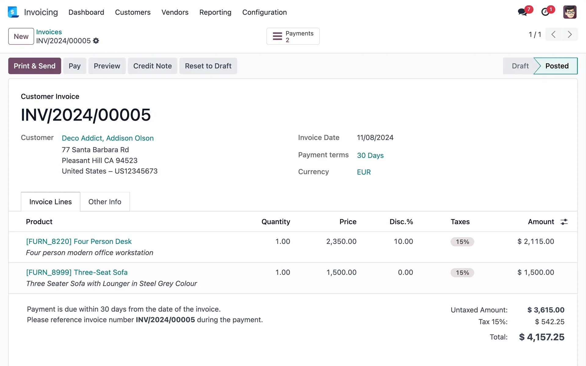 Bildschirmfoto von Odoo Invoicing – The Invoicing app with a customer invoice open — the vendor’s generic demo, not a UAE configuration