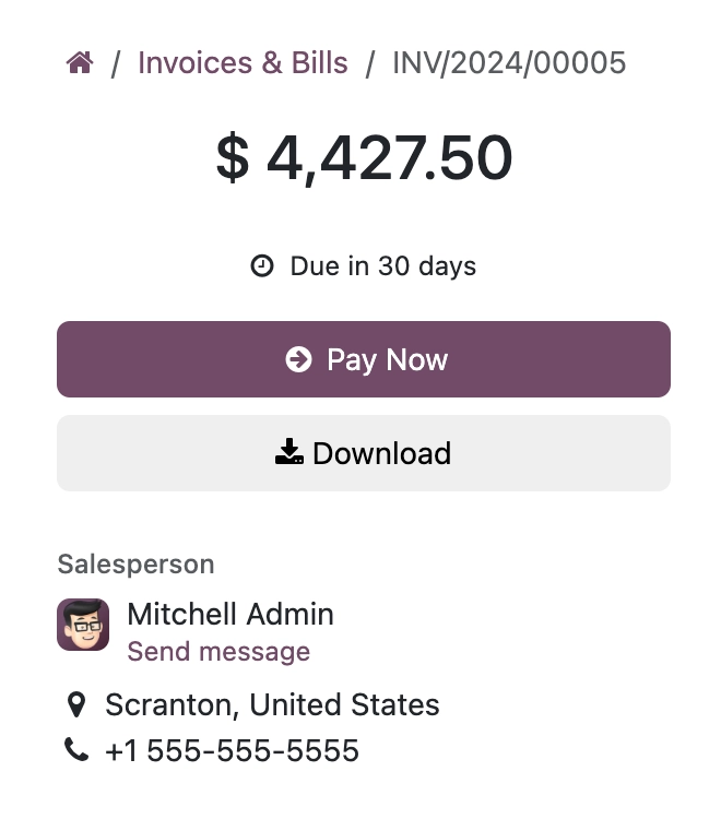 Bildschirmfoto von Odoo Invoicing – The customer portal, where a client views and pays an invoice