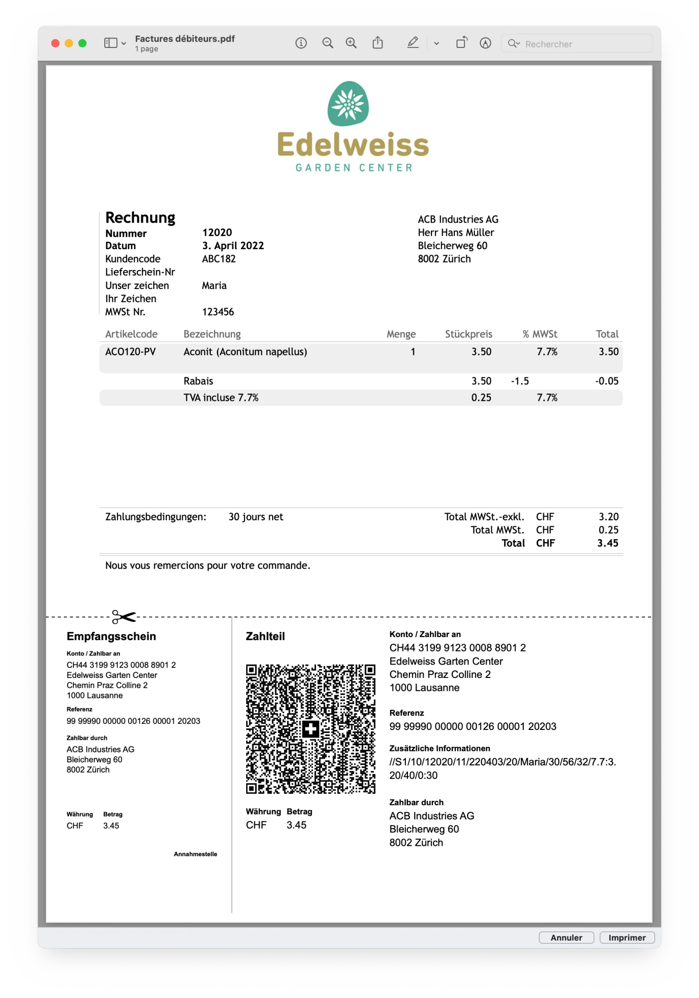 Bildschirmfoto von Office Maker Business – Ausgedruckte Rechnung in der Vorschau, mit Zahlteil und Empfangsschein der QR-Rechnung