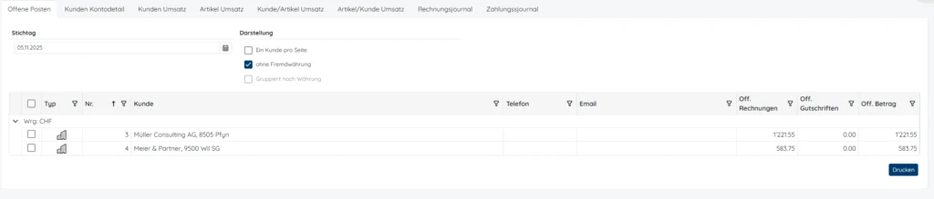 Bildschirmfoto von pebe Live – Offene-Posten-Liste Verkauf auf einen Stichtag, mit offenem Betrag je Kunde