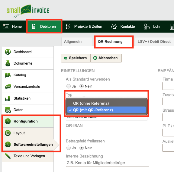 Bildschirmfoto von smallinvoice – Einstellungen für die QR-Rechnung: Typ «QR mit QR-Referenz» und QR-IBAN