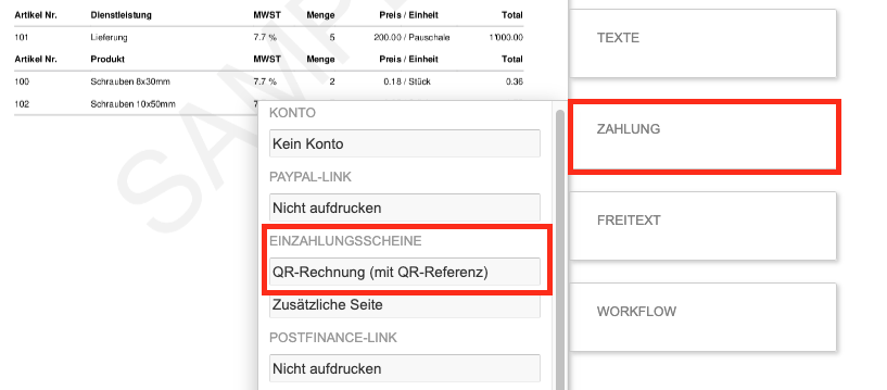 Bildschirmfoto von smallinvoice – Rechnung im Editor: unter «Zahlung» wird der Einzahlungsschein QR-Rechnung gewählt