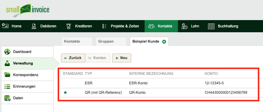 Bildschirmfoto von smallinvoice – Hinterlegte Zahlkonten eines Kontakts, darunter ein QR-Konto mit QR-IBAN
